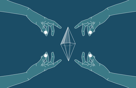 Hand reaching for the crystal gem outline illustration. Magic crystal concept. Modern vector illustration. Transparent line art gem with leaf and stars. Minimalistic design for webのイラスト素材