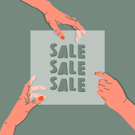 Hands holding transparent sale card banner design. Discount, sale, black Friday conceptual drawing. modern vector illustration. Special offers banner for web and print.のイラスト素材