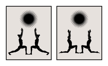 Man and woman doing yoga abstract posters set. Monochrome silhouette modern illustrations. Health care and lifestyle concept. Hand drawn Vector illustrations for print and web.のイラスト素材