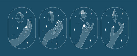 Hand reaching for the crystal gem outline illustrations. Magic crystal concept. Modern vector illustrations. Transparent line art gems with stars. minimalist sticker designのイラスト素材