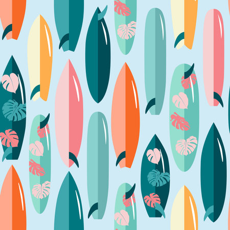 Surfboards with tropical leaves cartoon summer seamless pattern. sea surfing boards. Beach vacation travel, surf vector print. Hawaiian textile design, summertime fabricのイラスト素材