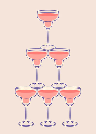 Cocktail glasses pyramid. Sparkling wine, cocktail tower postcard for web and print. Party invitation with glass tower line art vector illustration.のイラスト素材