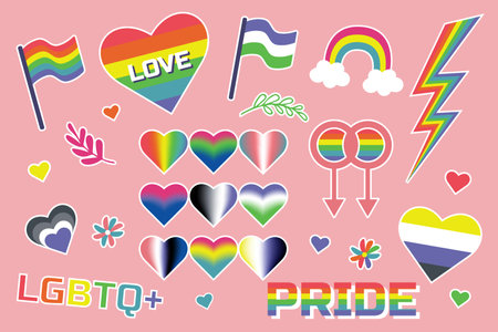 LGBTQ set of icons retro style design. Stickers LGBT, asexual, non-binary, transgender, genderfluid, pansexual, bisexual, genderqueer, polysexual.のイラスト素材