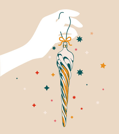 Hand holding Christmas decoration illustration in retro style. Xmas colorful decoration and stars, vector vintage print illustration. Greeting card, invitations, wallpaper, print.のイラスト素材