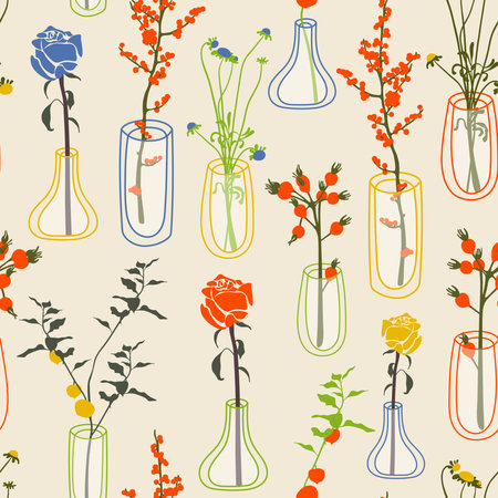 Pattern of vases with flowers and branches in it. hand drawn floral illustration. home decor concept. Modern flat drawing for , pattern, web and app design.のイラスト素材