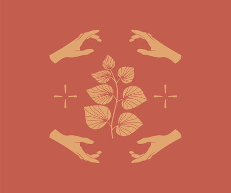 Hand reaching for a leaf shape monochrome illustration. beauty and nature concept. modern vector illustration. Silhouette icons with leaf and hand. Minimalistic design for web.のイラスト素材