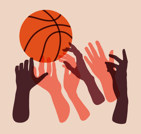 Hands reaching for Basketball ball colorful flat objects. Cartoon illustration. Sport, team play concept. Vector flat modern illustration isolated.のイラスト素材