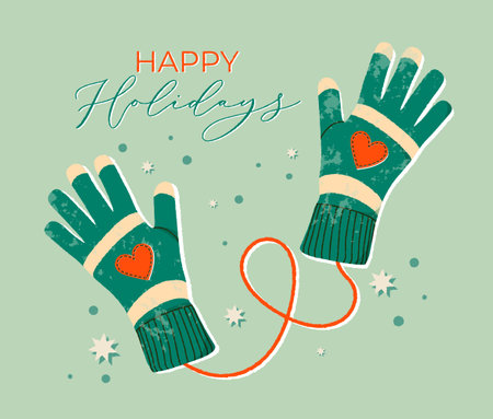 Mittens with happy holidays text. Winter gloves and winter holiday concept. Hand drawn flat textured holiday greeting card. Cute green mittens with hearts and stars. Trendyのイラスト素材