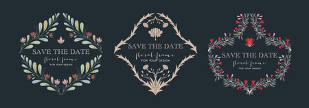 Floral Frames set isolated on dark background. Cute hand drawn floral wreaths perfect for wedding invitations, social media and greeting cards. Flat colorful design templates.のイラスト素材