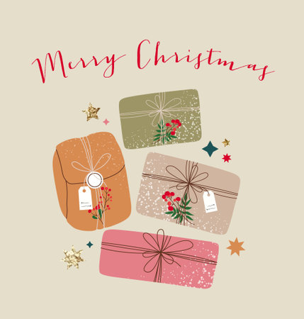 Merry Christmas cartoon gift boxes hand drawing with decorative bows and stars. Colorful holiday illustration. Flat style greeting card or invitation. Design for web and print.のイラスト素材