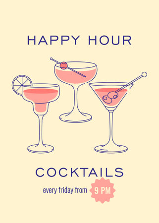Modern flat happy hour cocktails print. Colorful background with cocktail glasses. Cafe, bar and restaurant concept poster and web banner. Vector illustration.のイラスト素材