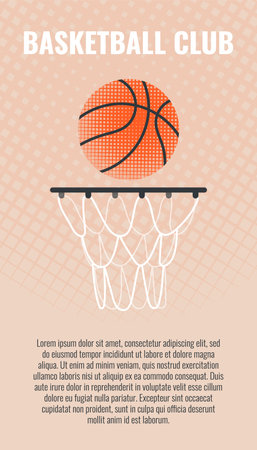 Basketball background design with ball, hoop and text. Colorful illustration for flyers, banners, web and print. Sport, team play concept. Vector flat modern illustration isolated.のイラスト素材
