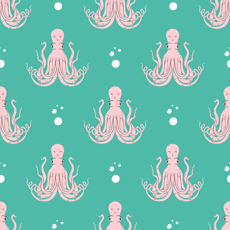 Octopus seamless pattern flat vector. Cute cartoon style sea and ocean creature, animal. Symmetrical square composition, for print design, wallpaper, wrapping paper or web.のイラスト素材
