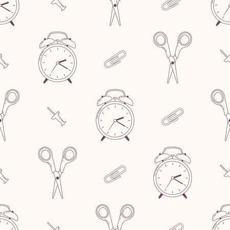 Back to school seamless pattern. Line art doodle illustration with school supplies. Scissors, pins, clips and alarm clock. Vector backgroundのイラスト素材