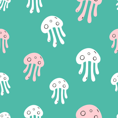 Jellyfishes seamless pattern flat vector. Cute cartoon style sea and ocean creature, animal. Symmetrical square composition, for print design, wallpaper, wrapping paper or web.のイラスト素材