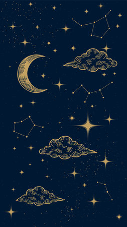 Starry night sky vertical background. Bright golden moon, stars, clouds and constellations wallpaper. Vertical Space backdrop. Dark Sky with shiny stars. Vector Illustration.のイラスト素材