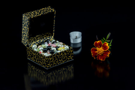 gift packages on black backgroundの写真素材