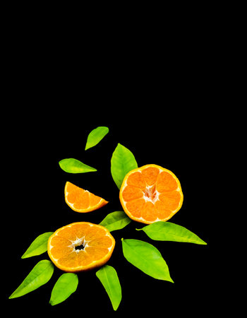 orange and tangerine fruit on black backgroundの写真素材