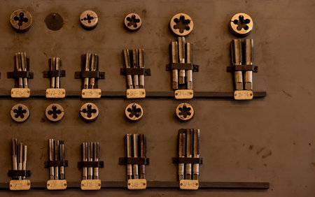 Vintage brass keys on a wooden box, closeup of photoの写真素材