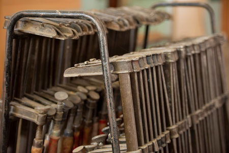 old tools in a workshop, closeup of photo with shallow depth of fieldの写真素材
