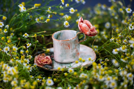Cup of tea on a table with chamomile flowersの写真素材