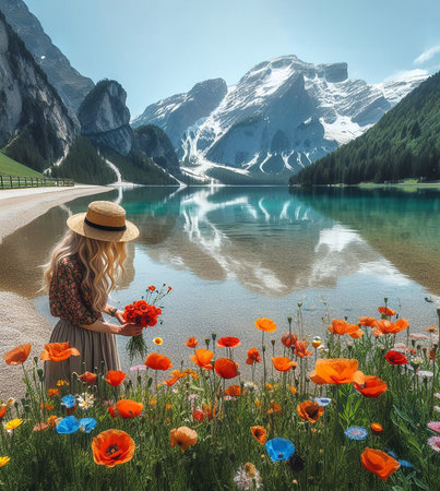 Beautiful woman with long blonde hair in a straw hat and a dress on the background of a mountain lake with poppiesの素材