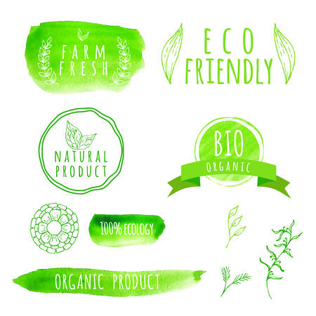 Set of watercolor organic food labels. Eco product badges and elements. Vector illustration for your design.のイラスト素材