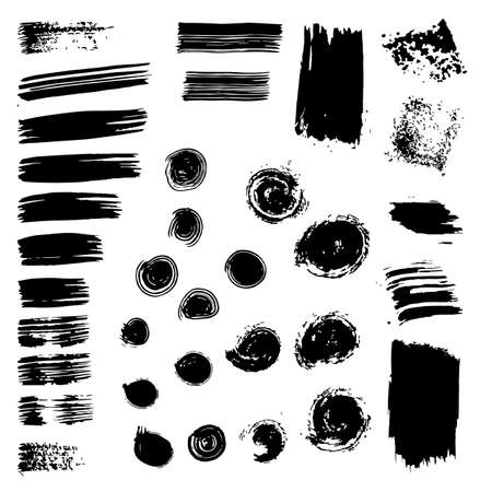 Set of vector black paint brush spots. Big set of watercolor strokes isolated on white background. Grunge texture, artistic design elements or text box.のイラスト素材