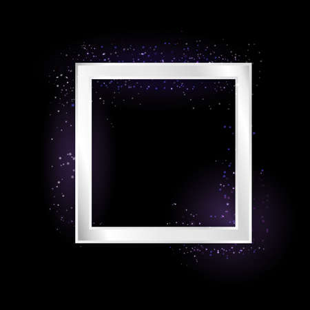 Vector silver frame with lights effect on bright dark background. Shining banner with stars and glitter. Vector templateのイラスト素材