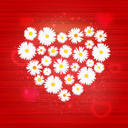 Vector floral heart with lights effect on bright red background. Shining banner with stars and glitter. Vector templateのイラスト素材