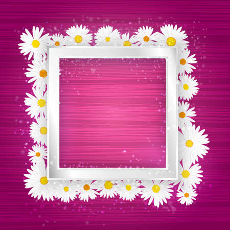 Vector square floral frame with lights effect on bright pink background. Shining banner with stars and glitter. Vector templateのイラスト素材