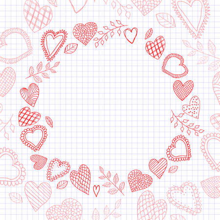 Sketch Doodle hearts frame on the checkered notebook sheet for valentines day card illustration.のイラスト素材