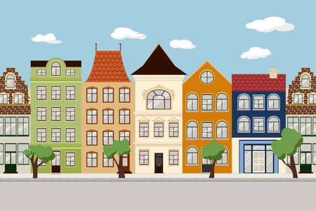 Seamless Border of Cute retro houses exterior. Collection of European building facades. Traditional architecture of Belgium and Netherlandsのイラスト素材