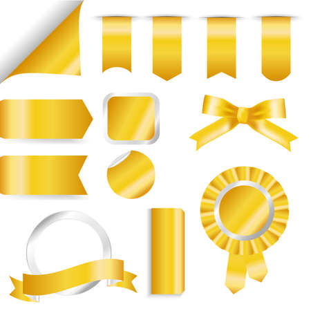 Golden Ribbons, flag and labels Set isolated On White Background. Vector Illustration for your design.のイラスト素材
