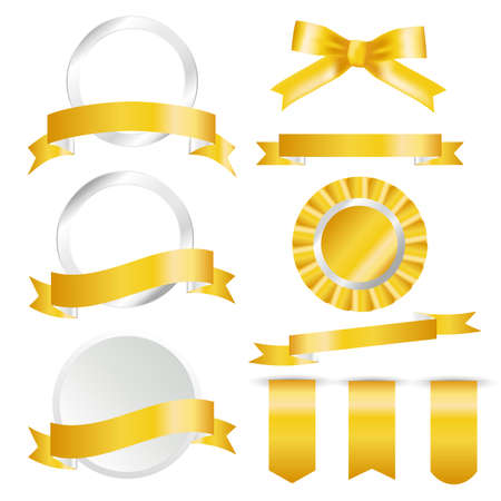 Golden Ribbons, flag and labels Set isolated On White Background. Vector Illustration for your design.のイラスト素材