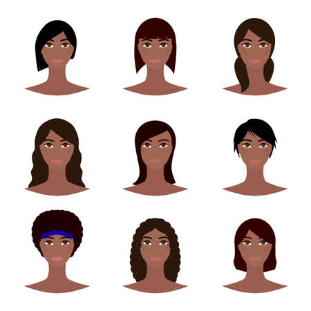 African American female avatar set, woman faces icons. Young girls with various hair style. Black female character design. Vector illustration.のイラスト素材