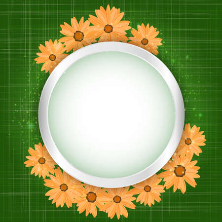 Round floral frame with lights effect on bright orange background. Shining banner with stars and glitter. Vector template.のイラスト素材