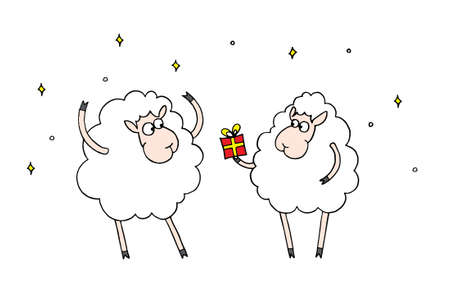 Christmas sheeps give a present to each otherのイラスト素材