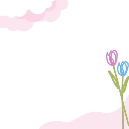 Spring background with tulip flowers and clouds. Vector illustration for your designのイラスト素材