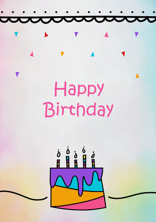 Happy birthday card with cake and confetti on colorful background. Vector illustration.のイラスト素材