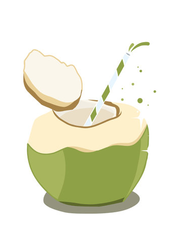 Illustration of opened coconut with a straw isolated on a white backgroundの写真素材