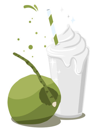 Coconut milk shake in a glass with a straw. Vector illustration.の写真素材
