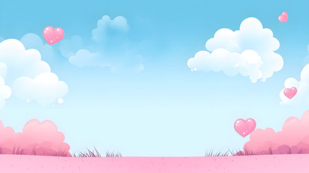 Valentine's day background with pink clouds and hearts. Vector illustration.の素材
