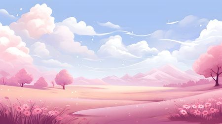 Summer landscape background with mountains, clouds and flowers. Vector illustration.の素材