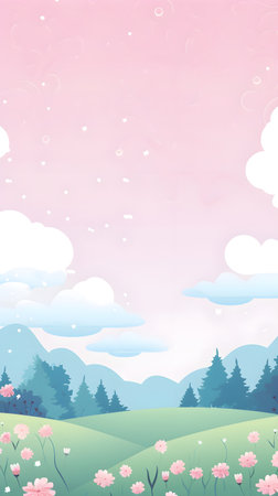 Spring landscape with pink flowers and clouds. Vector illustration. EPS10の素材