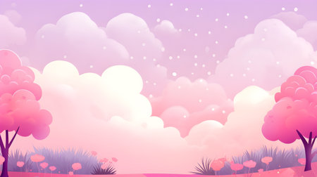 Spring landscape background with pink flowers and clouds. Vector illustration for your designの素材