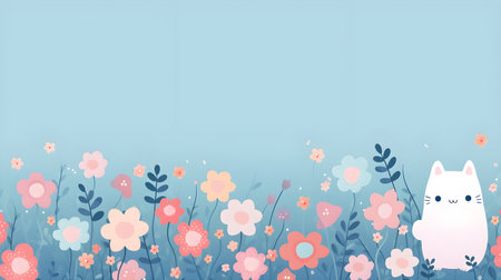 Cute cat and flowers on blue background. Vector Illustration.の素材