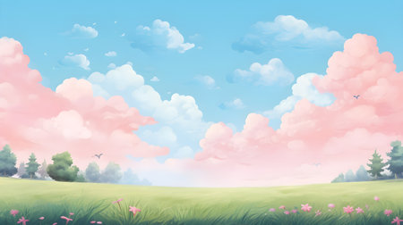 Summer landscape with clouds and meadow. Vector illustration. Eps 10の素材