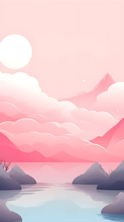 Mountains and lake landscape background, paper art style, vector illustration.の素材