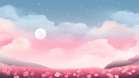 Poppy flower meadow landscape background. Paper art style. Vector illustration.の素材